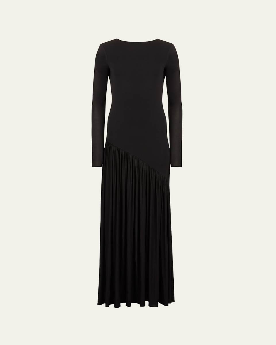 Asymmetric Plisse Stretch Jersey Long-Sleeve Maxi Dress